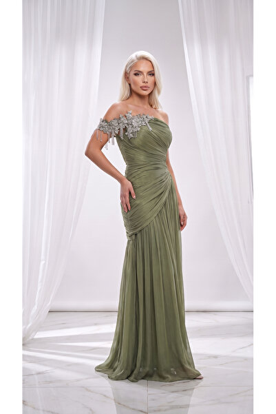 holie dress DRAPELİ OMUZ TAŞ İŞLEMELİ UZUN ABİYE ELBİSE