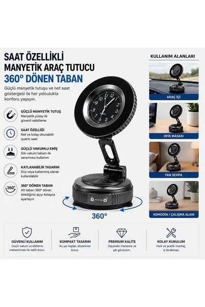 Asfal Saatli 360° Döner Tabanlı Manyetik Araç Telefon Tutucu Vakumlu Katlanab...