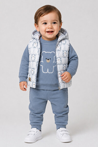 caddekids Erkek Bebek Ayıcık Desenli Kapüşonlu Şişme Yelekli 3'lü Takım Sweat...