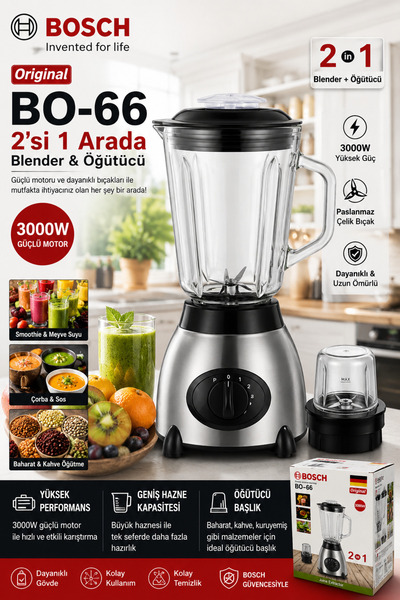 Genel Markalar Bosch BO-66 2’si 1 Arada Blender & Öğütücü 3000w