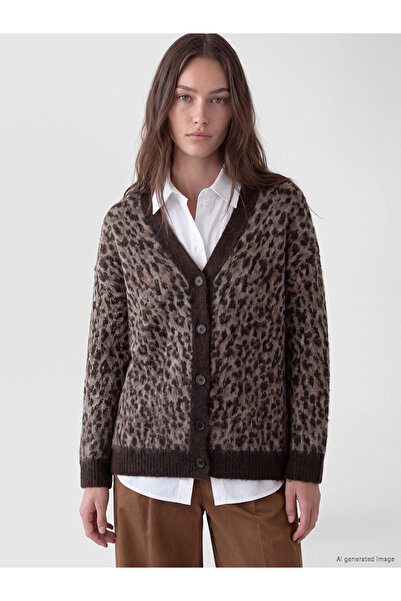 LC Waikiki Brown V-Neck Leopard Patterned Women's Knitwear Cardigan