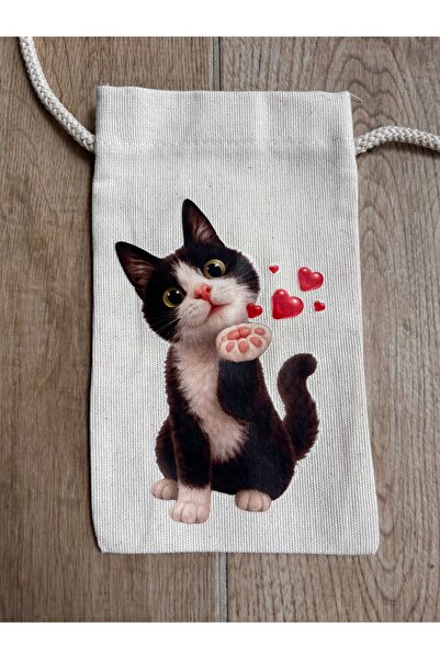 BİLGENS BUTİK Cotton Raw Fabric Cat Figured Mobile Phone Bag