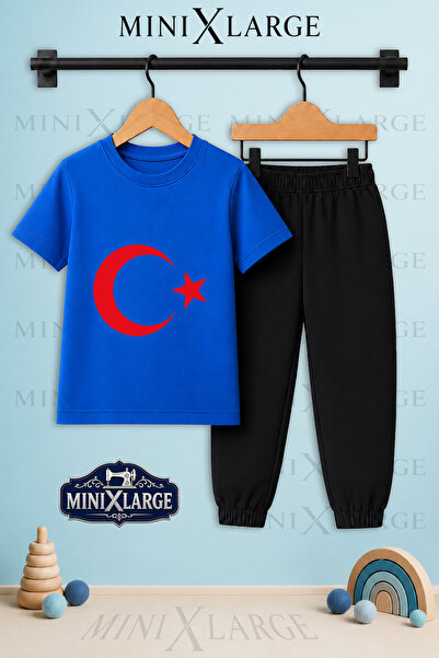 MINIXLARGE Unisex Çocuk Tişört Eşofman Ay Yildiz Kirmizi Baskılı Bisiklet Yak...