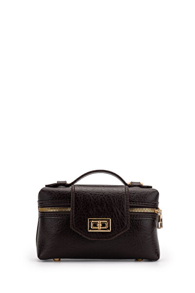 minebag Lock Detailed Box Shape Faux Leather Women's Crossbody Bag Lulu Brown