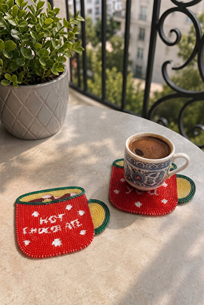 Evien Home Bead Embroidered Coasters Set of 2 12X10 cm Red