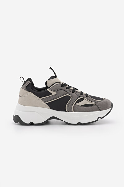 Marjin Kadın Sneaker Kalın Taban Çok Parçalı Bağcıklı Spor Ayakkabı Merita Füme Süet