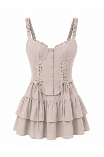 ruyaguneyboutique Keten Taş Rengi Elbise