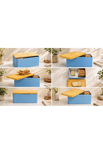 Generic Metal Bread Box with Bamboo Cutting Board Lid, Blue Ventilation Holes...