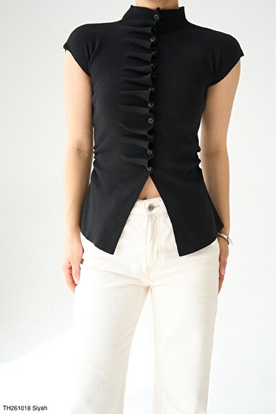 Lupies Women's Buttoned Gathered Detailed Sleeveless Knitwear Cardigan