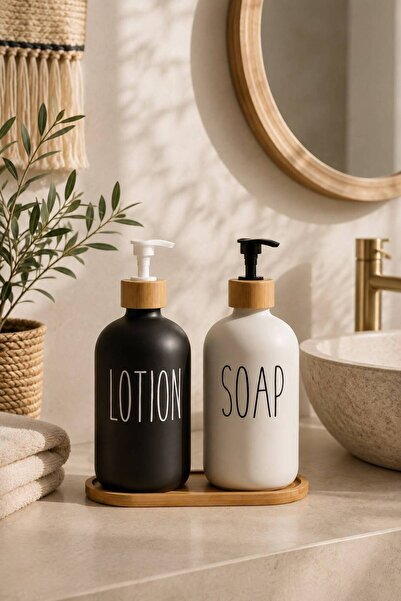 Elif mağazacılık Bamboo Plate Liquid Soap Dispenser Set of 2 Black-White 500M...