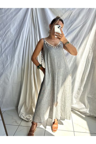 Gözde Tasarım Butik Women's 100% Linen Maxi Length Mussel Shell Rope Strap Dress