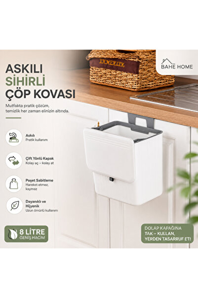 bahe home Askılı Sihirli Çöp Kovası 8 Litre Dolap Kapağına Asılan Kapaklı Mut...