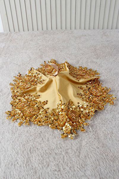 Mortex Gold Altın Saten Vip Aplikli Gelin Damat Halay El Mendili - Kına Geces...