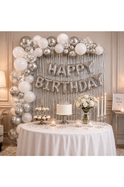 Bkmc 50 Adet Balonlu Happy Birthday Folyo Set Beyaz Gümüş Doğum Günü Süsleme ...