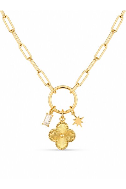 serelya Gold Color Paperclip Chain Clover Model Women's Necklace