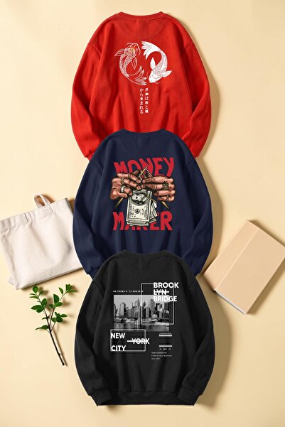 trendypassion Unisex Mixed Printed Crew Neck Sweatshirt Set – Pack of 3