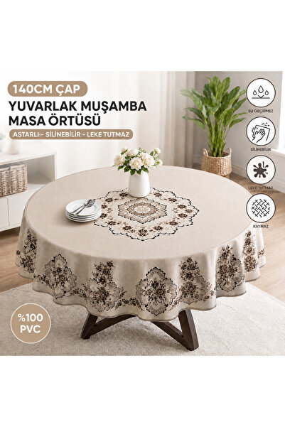 Beyaz Home 140 cm Yuvarlak Astarlı Muşamba Masa Örtüsü