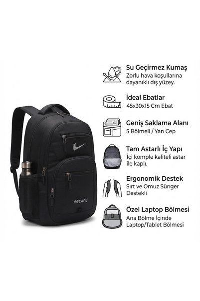 ESCAPE Sırt Çantası Okul Çantası 5 Cepli Suya Dayanıklı 45x30x15 Cm Ebat Unisex Sırt Çantası