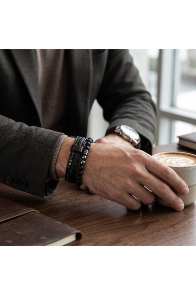 toptanhanem Black Genuine Leather and Matte Lava Stone Double Men's Bracelet Set