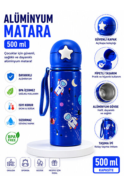 monthiron Aluminum Water Bottle 500 ml Children's Water Bottle with Straw Lea...