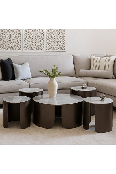 GLAMOURE HOME طقم طاولات قهوة وضيافة مودرن بتصميم هندسي متداخل (5 قطع).