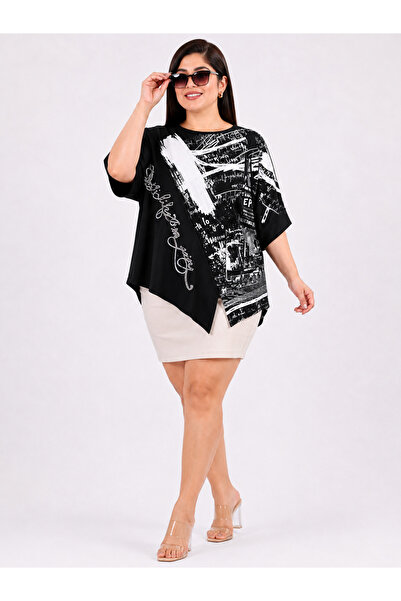 LA VELINA Plus Size Stone Embellished Asymmetrical Cut Graphic Patterned Loos...