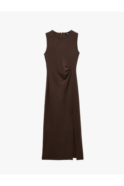 Koton Slim Fit Crew Neck Slit Sleeveless Midi Dress with Draped Detail