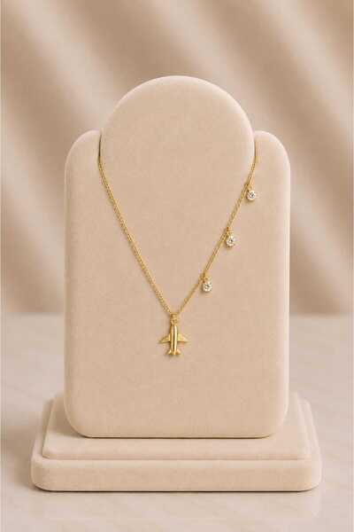 mdm style Minimal Airplane and Stone Detailed Gold Necklace