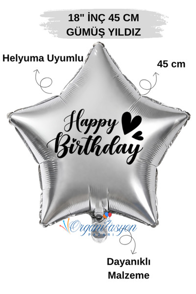 Organizasyon Pazarı 18 Inch Silver Star Foil Balloon |   Happy Birthday Heart...