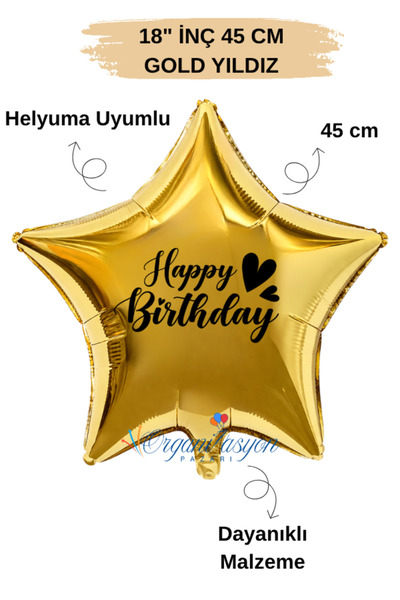 Organizasyon Pazarı 18 Inch Gold Star Foil Balloon |   Happy Birthday Heart P...