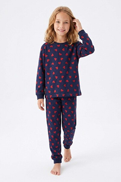 bunny hopp Girl's Long Sleeve Pajama Set 100% Cotton Navy Blue Red Heart Comb...