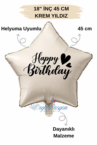 Organizasyon Pazarı 18 Inch Cream Star Foil Balloon |   Happy Birthday Heart ...