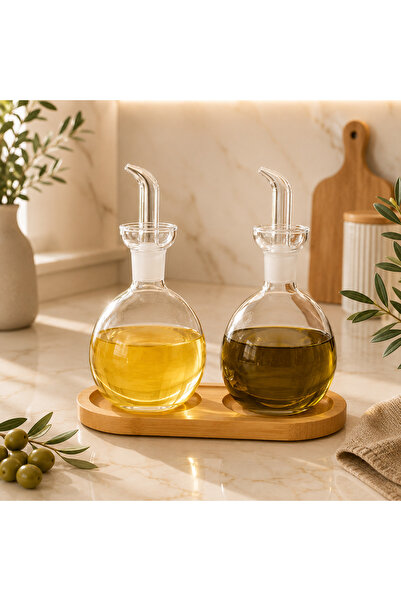 Pembelia Life Bambu Standlı 2’li 850 ml Berosilikat Cam Damlatmaz Yağdanlık Seti Ayçiçek Yağı Zeytinyağ Şişesi 3 Parça Yağlık Set