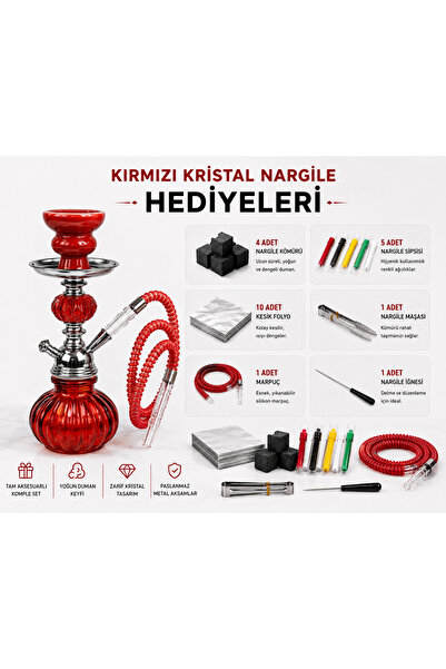 Han Tobacco Kristal Nargile Takımı 32 cm – Komple Set, 7 Parça Hediye, Cam Nargile