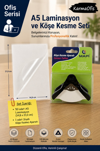 KarmaOfis 125 Micron A5 Laminating Bag 50 Pieces |   Black Corner Cutting Too...
