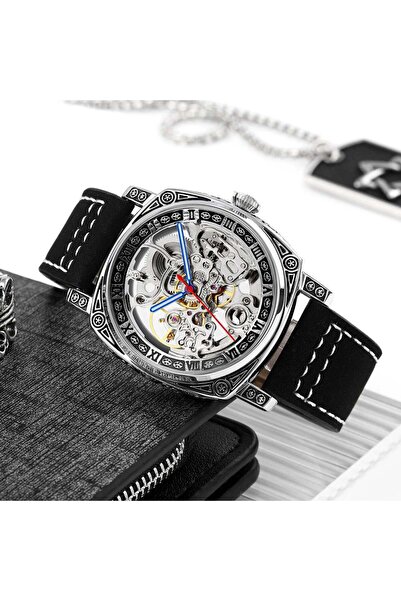 Skmei Men’s Engraved Skeleton Automatic Mechanical Watch – Premium Leather Strap