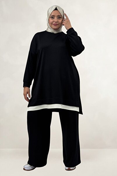Eslina 67070 Plus Size Garni Detailed Modal Pants Suit - Black