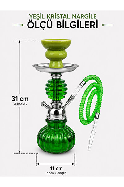 Han Tobacco Kristal Nargile Takımı 32 cm – Komple Set, 7 Parça Hediye, Cam Nargile