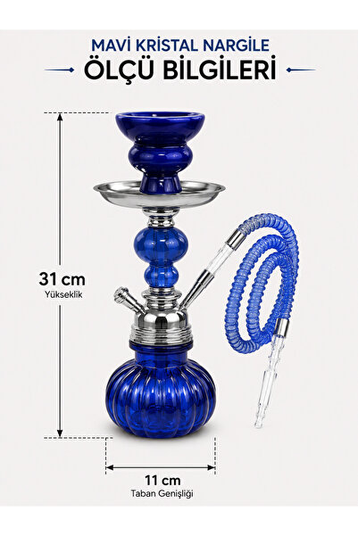 Han Tobacco Kristal Nargile Takımı 32 cm – Komple Set, 7 Parça Hediye, Cam Nargile