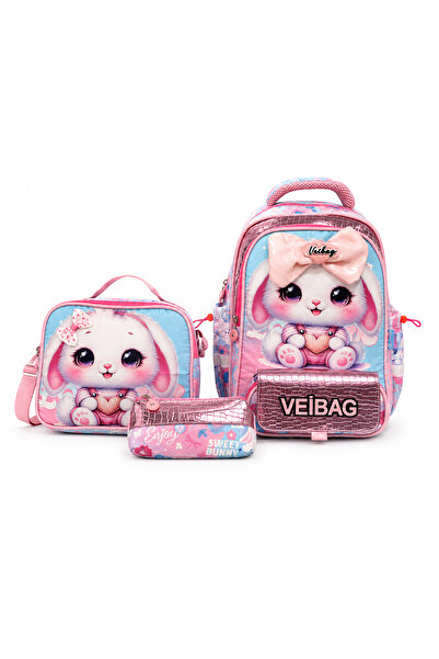 Miracle Vei̇bag Girl's Rabbit Patterned 3-Piece School Bag Set with Lunch Box...