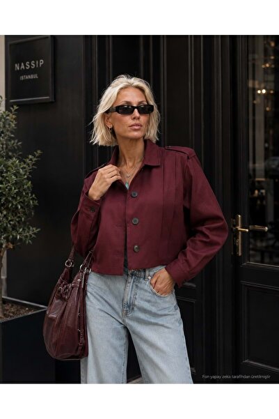 ibeeka Burgundy Buttoned Crop Gabardine Women's Jacket - Burgundy Color with ...