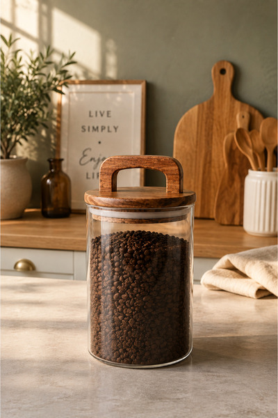 Durina Living 950 ml Glass Jar Acacia Wood Vacuum Lid Food Storage Container