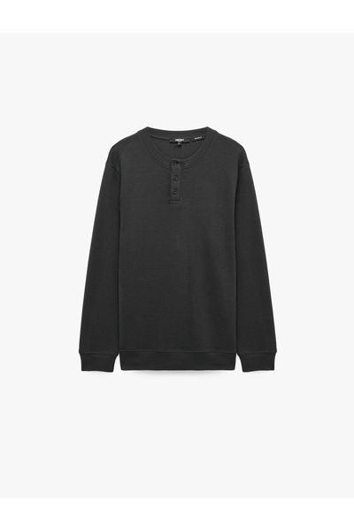 Koton Long Sleeve Cotton Waffle Textured Henley Collar Sweatshirt