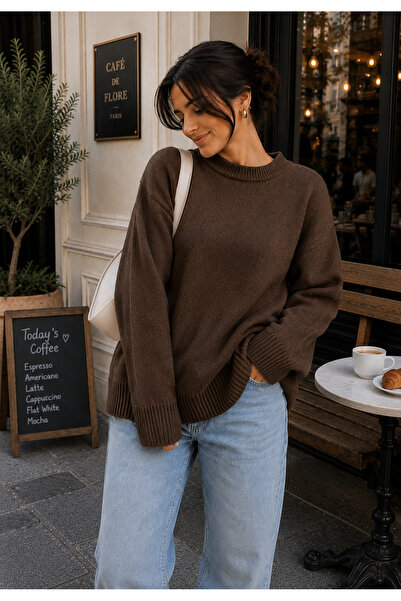 DepoExport Women's Oversize Crew Neck Soft Textured Knit Sweater