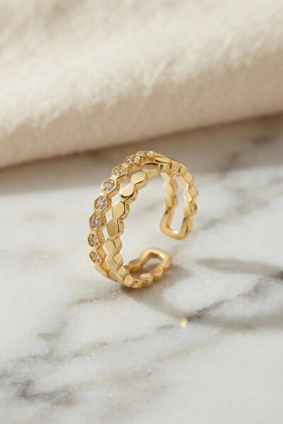 SORA GROUP ®   Gold Color Rowed Honeycomb and Zircon Stone Model Women's Ring