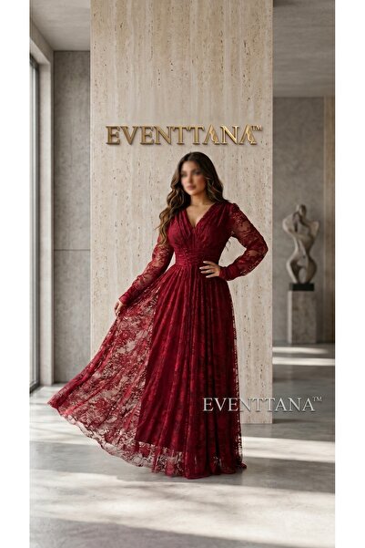 EVENTTANA فستان سهرة عنابي دانتيل بأكمام طويلة |