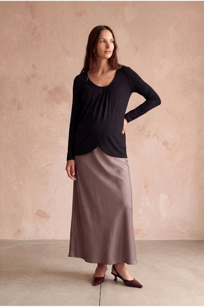 WESTMARK LONDON Maternity Viscose Black Long Sleeve Crew Neck Blouse with Folded Front and Breastfeeding Function Naomi