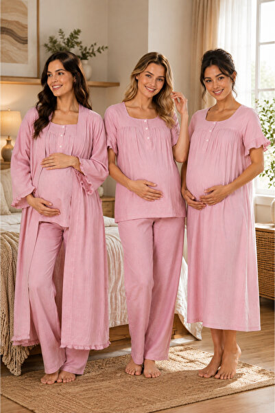 by İGP Muslin Fabric Nursing-Friendly Maternity Pajamas and Nightgown Set Eff...