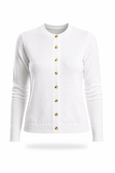 5in1Canpolat Ecru Bone Buttoned Lyocell Yarn Cardigan 5569