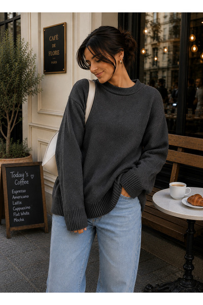 DepoExport Women's Oversize Crew Neck Soft Textured Knit Sweater